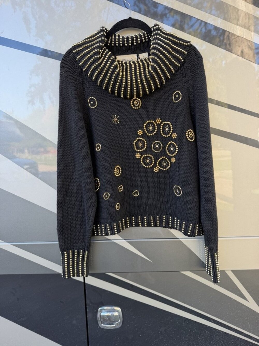 Vintage 90s Marnie West black gold studded beaded cowl neck GLAM RETRO sweater M